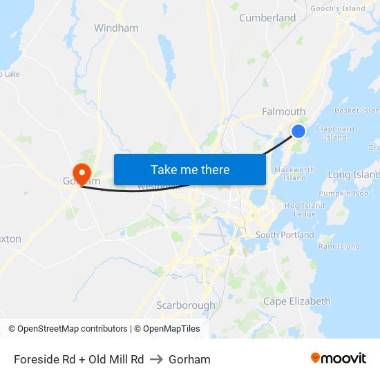 Foreside Rd + Old Mill Rd to Gorham map