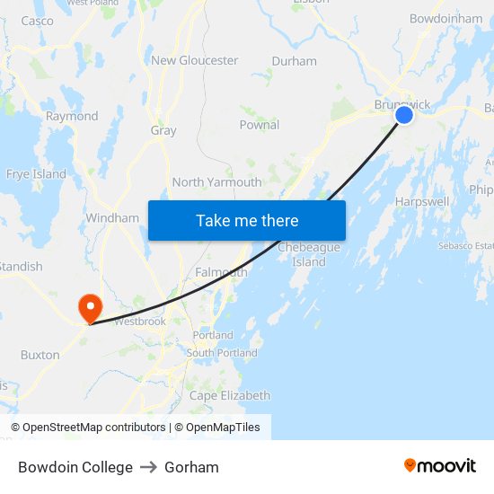 Bowdoin College to Gorham map