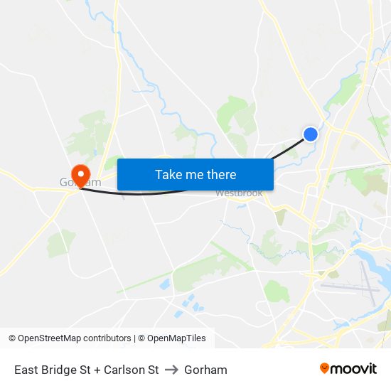 East Bridge St + Carlson St to Gorham map