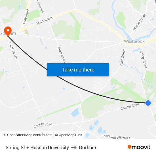 Spring St + Husson University to Gorham map