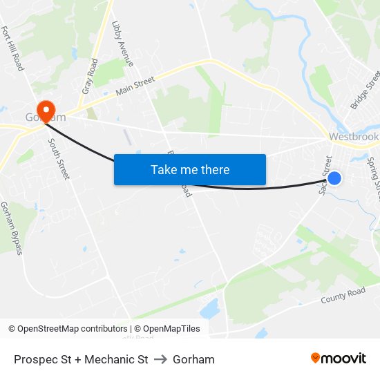 Prospec St + Mechanic St to Gorham map