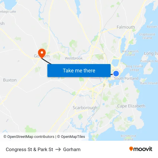 Congress St & Park St to Gorham map