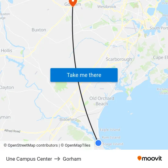 Une Campus Center to Gorham map