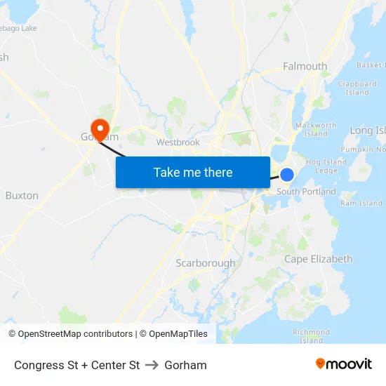 Congress St + Center St to Gorham map