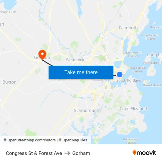 Congress St & Forest Ave to Gorham map
