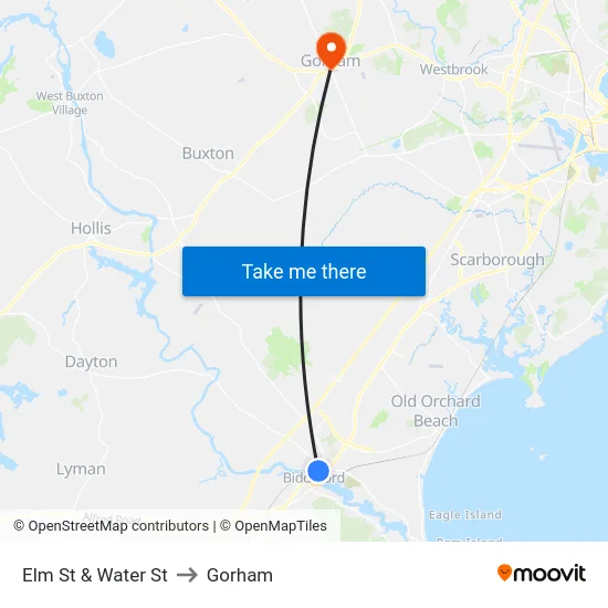 Elm St & Water St to Gorham map