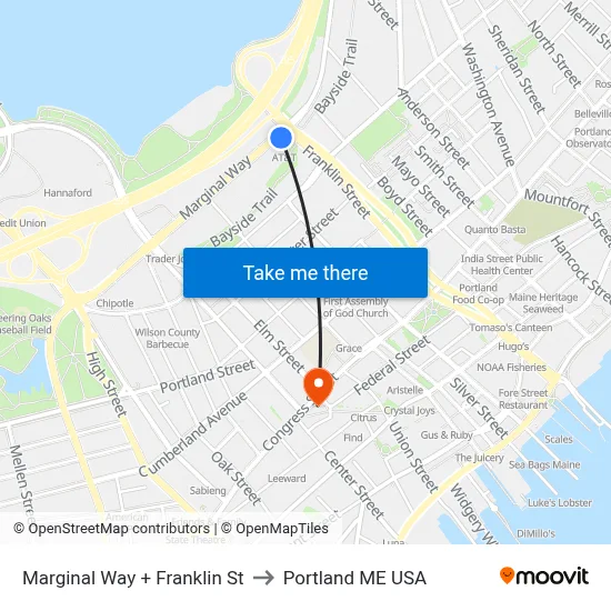 Marginal Way + Franklin St to Portland ME USA map