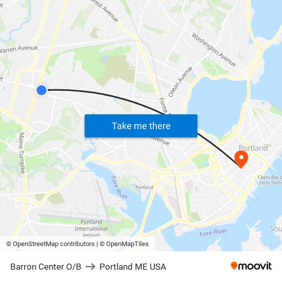 Barron Center O/B to Portland ME USA map