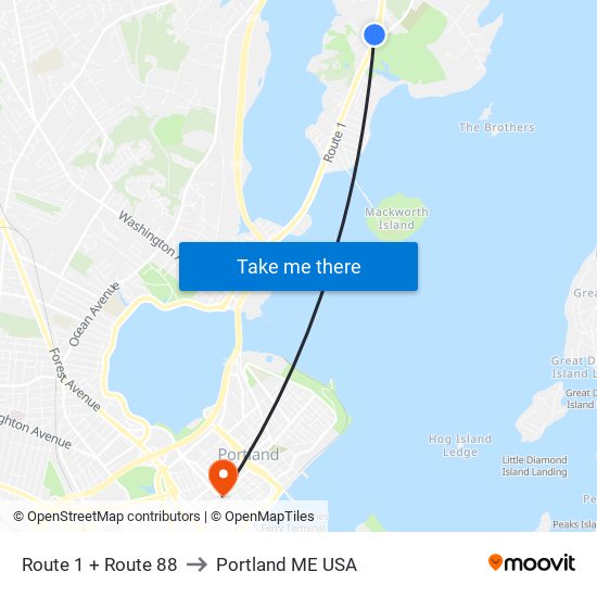 Route 1 + Route 88 to Portland ME USA map