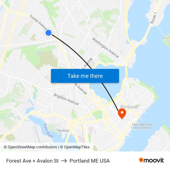 Forest Ave + Avalon St to Portland ME USA map