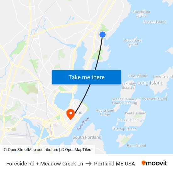 Foreside Rd + Meadow Creek Ln to Portland ME USA map