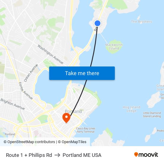 Route 1 + Phillips Rd to Portland ME USA map