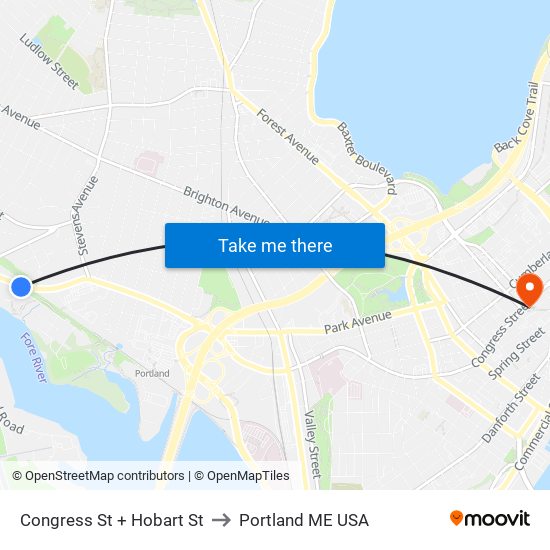 Congress St + Hobart St to Portland ME USA map