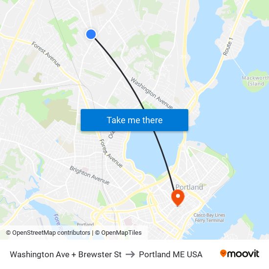 Washington Ave + Brewster St to Portland ME USA map