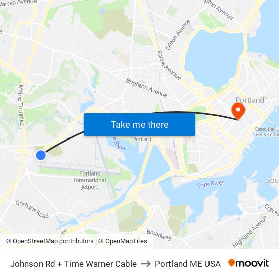 Johnson Rd + Time Warner Cable to Portland ME USA map