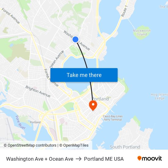 Washington Ave + Ocean Ave to Portland ME USA map