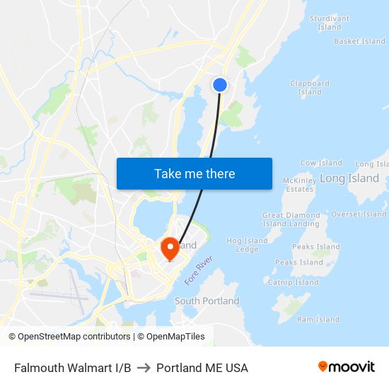 Falmouth Walmart I/B to Portland ME USA map