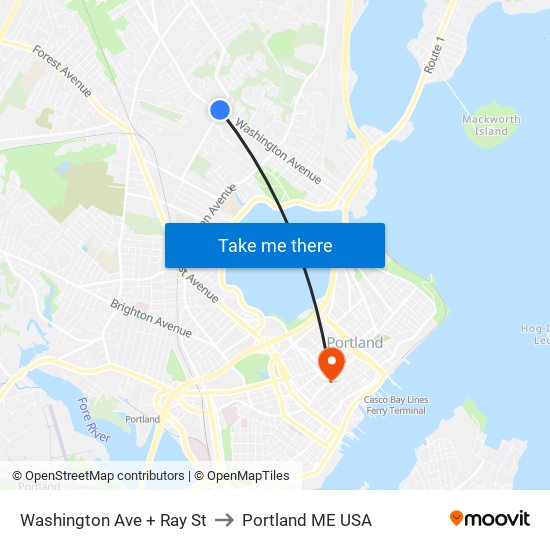 Washington Ave + Ray St to Portland ME USA map