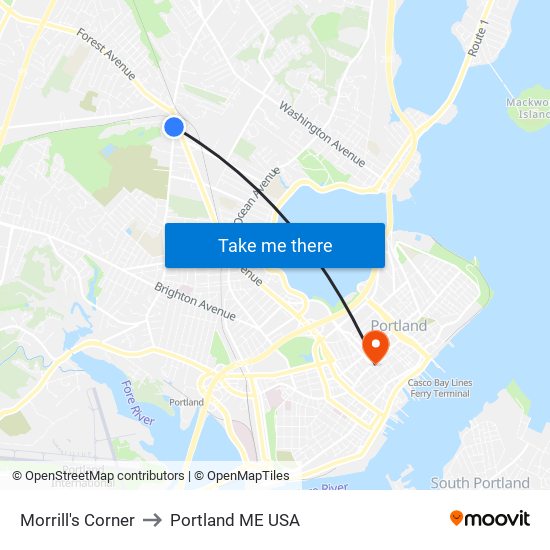 Morrill's Corner to Portland ME USA map