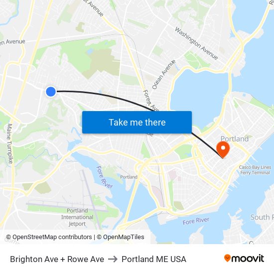 Brighton Ave + Rowe Ave to Portland ME USA map