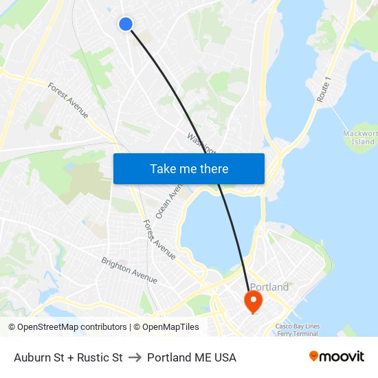 Auburn St + Rustic St to Portland ME USA map