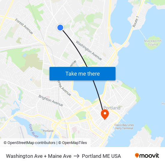 Washington Ave + Maine Ave to Portland ME USA map