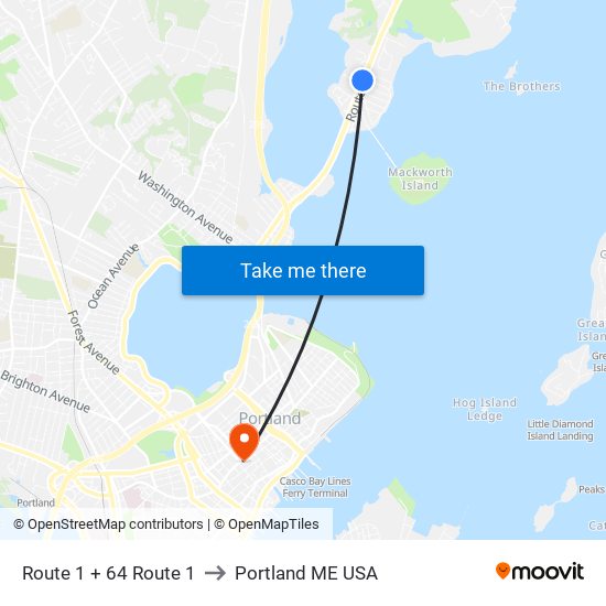 Route 1 + 64 Route 1 to Portland ME USA map