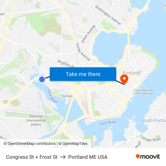 Congress St + Frost St to Portland ME USA map