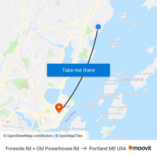 Foreside Rd + Old Powerhouse Rd to Portland ME USA map