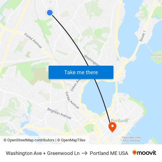 Washington Ave + Greenwood Ln to Portland ME USA map