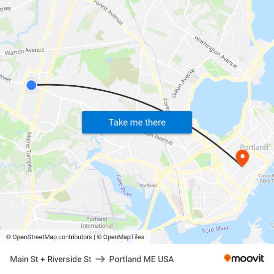 Main St + Riverside St to Portland ME USA map
