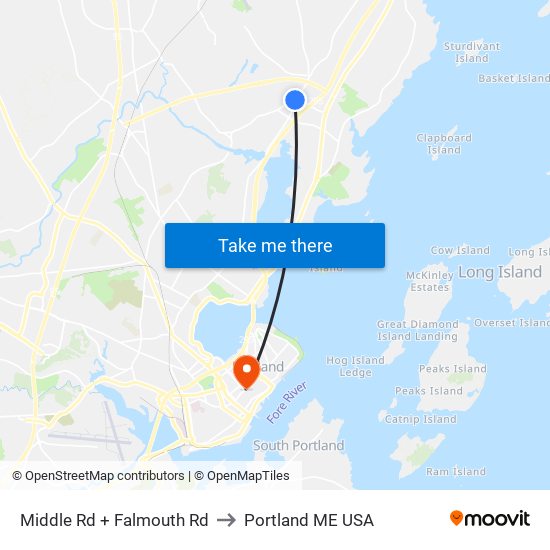 Middle Rd + Falmouth Rd to Portland ME USA map