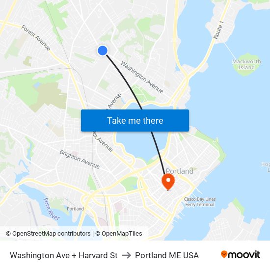 Washington Ave + Harvard St to Portland ME USA map