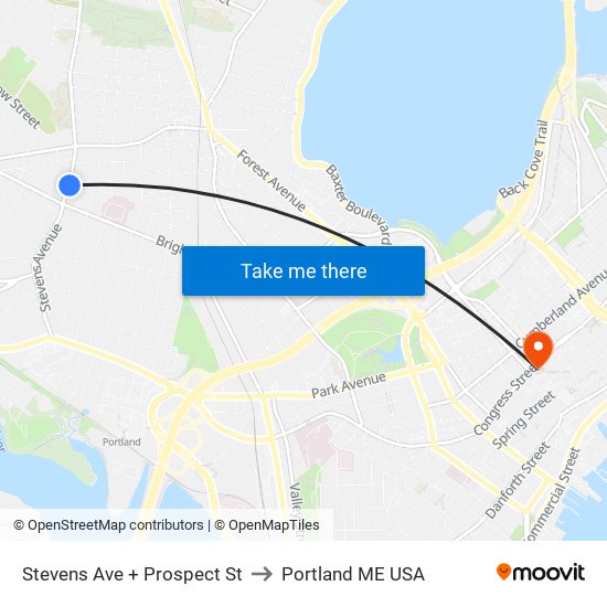 Stevens Ave + Prospect St to Portland ME USA map