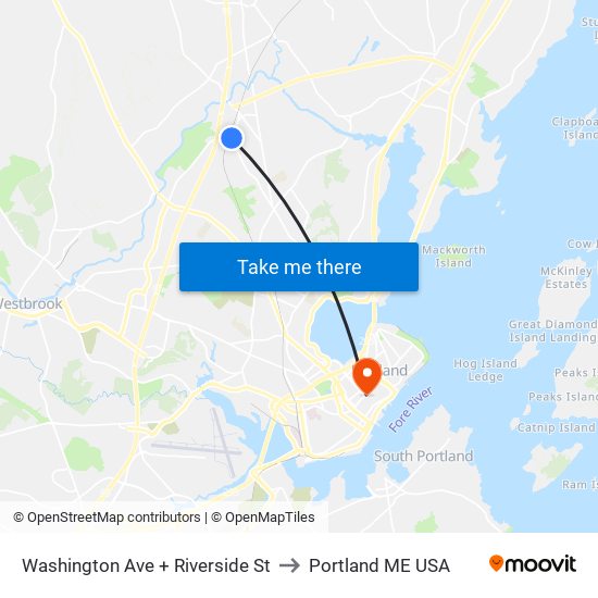 Washington Ave + Riverside St to Portland ME USA map