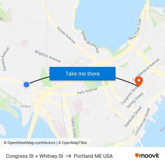 Congress St + Whitney St to Portland ME USA map