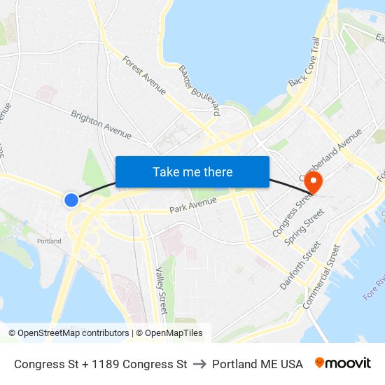 Congress St + 1189 Congress St to Portland ME USA map