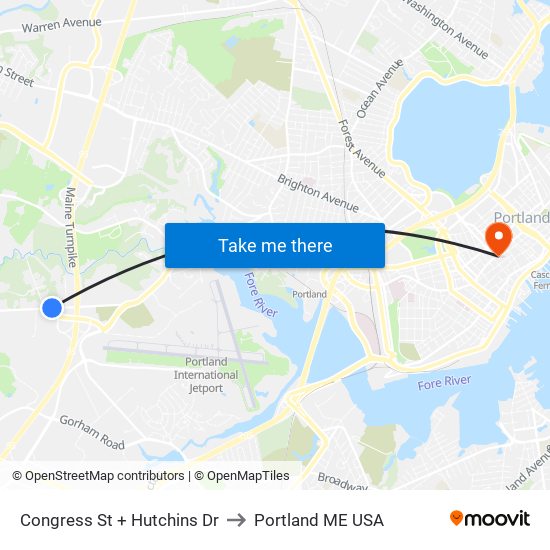 Congress St + Hutchins Dr to Portland ME USA map