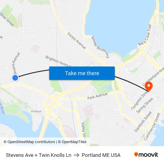 Stevens Ave + Twin Knolls Ln to Portland ME USA map