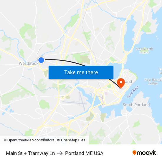 Main St + Tramway Ln to Portland ME USA map