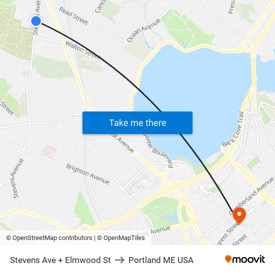 Stevens Ave + Elmwood St to Portland ME USA map