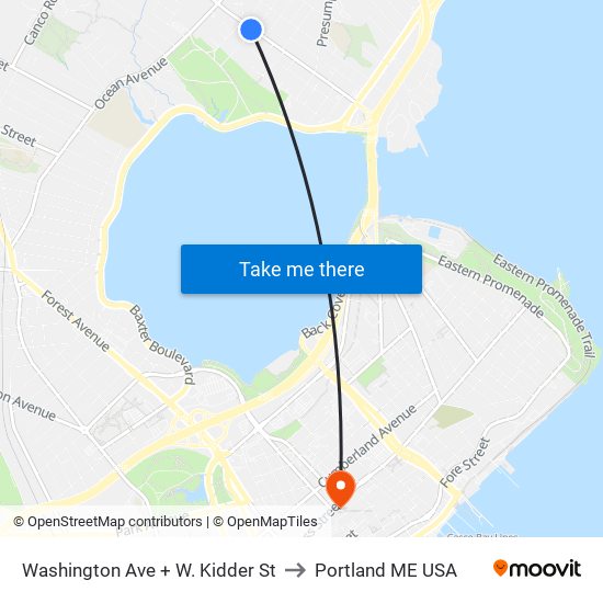 Washington Ave + W. Kidder St to Portland ME USA map