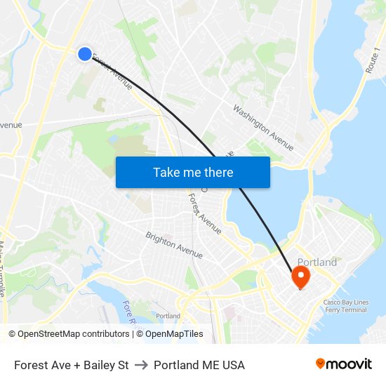 Forest Ave + Bailey St to Portland ME USA map