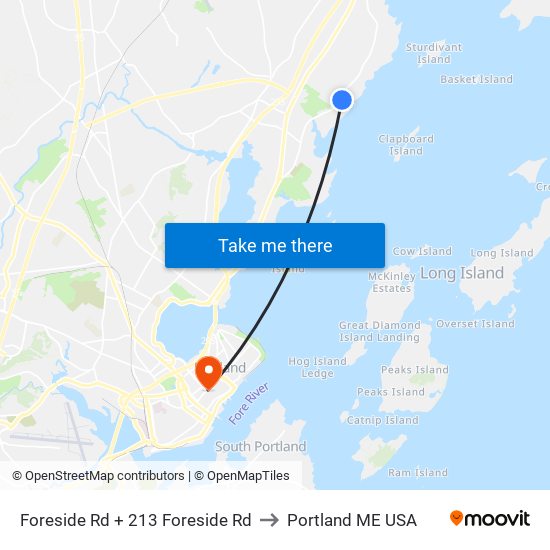 Foreside Rd + 213 Foreside Rd to Portland ME USA map
