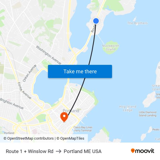 Route 1 + Winslow Rd to Portland ME USA map