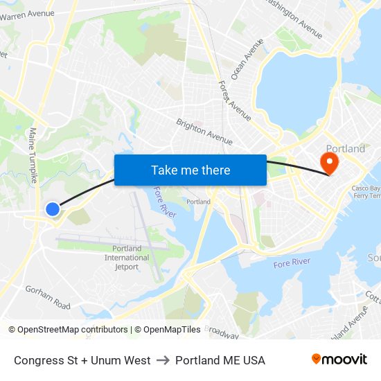 Congress St + Unum West to Portland ME USA map