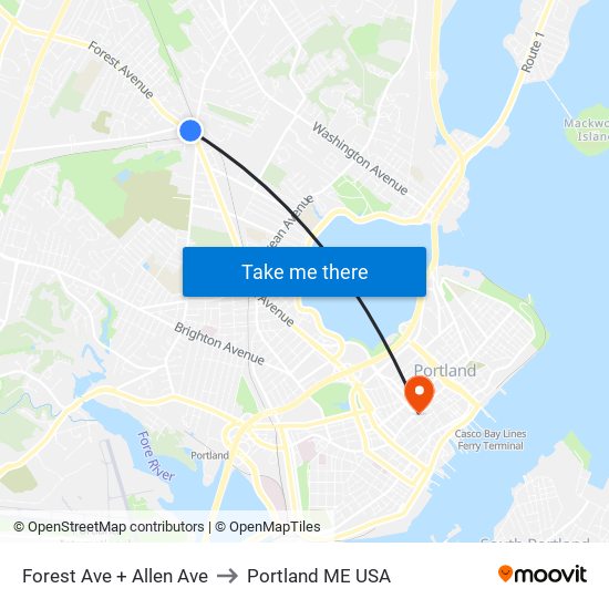 Forest Ave + Allen Ave to Portland ME USA map