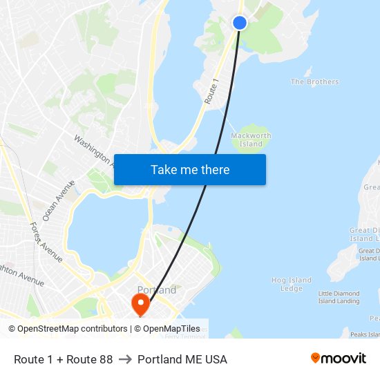 Route 1 + Route 88 to Portland ME USA map