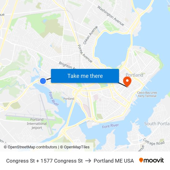 Congress St + 1577 Congress St to Portland ME USA map