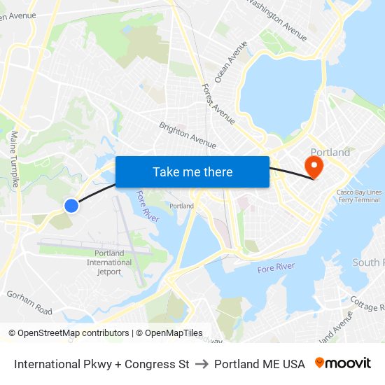 International Pkwy + Congress St to Portland ME USA map